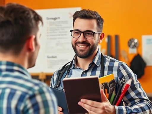 다양한 직업 도구를 갖춘 밝고 의욕에 찬 전문가가 개인의 강점과 약점을 평가하고 있으며, 그의 얼굴에는 결단력과 자신감이 나타나고 있고, 따뜻한 색 구성표가 긍정적인 분위기
