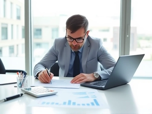 계산기와 차트가 놓인 테이블 위에서 재무 분석가가 데이터에 몰두하는 모습