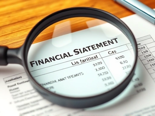 돋보기로 재무제표를 자세히 살펴보는 클로즈업 컷으로, 투명성과 세부 사항에 대한 깊은 관심을 상징합니다.