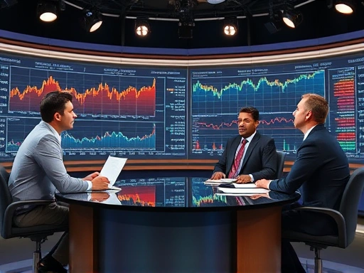 주식 차트와 그래프가 있는 금융 뉴스 스튜디오 배경, 전문가가 차트를 분석하며 투자 전략을 논의하는 장면