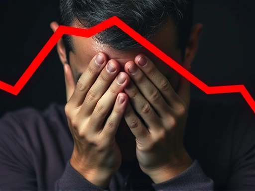 손으로 얼굴을 가린 채 절망에 빠진 투자자의 클로즈업 샷, 붉은색으로 강조된 하락세 그래프가 감정적인 투자의 위험성을 시각적으로 보여줌.