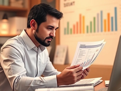 한 남자가 신중하게 기업의 재무제표를 분석하고, 차트와 데이터를 꼼꼼히 검토하며 투자 결정을 내리는 장면