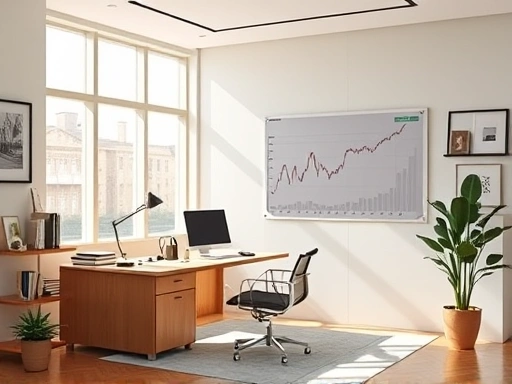 {주식 시장 분석 그래프가 있는 사무실, 세련된 스타일, 자연광과 부드러운 색조로 정보와 기회를 강조하는 첫 번째 이미지