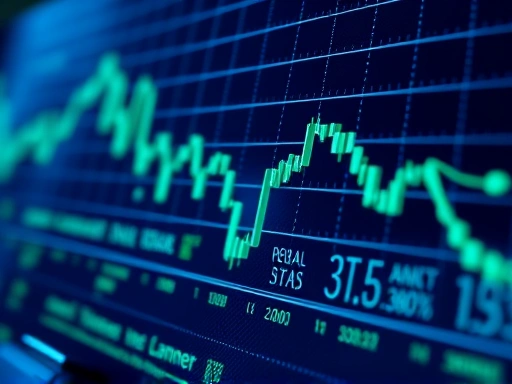 {주식 시장 데이터 세부 분석, 클로즈업 스타일, 푸른색과 녹색 조명으로 데이터 중심 분위기