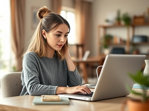 한 여성이 노트북으로 작업하며, 자연광이 비치는 편안한 홈 오피스 배경으로 따뜻하고 창의적인 분위기
