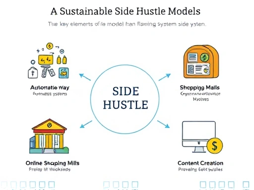 다이어그램이 자동화 시스템, 온라인 쇼핑몰, 콘텐츠 제작을 연결하여 지속 가능한 부업 모델의 핵심 요소를 보여주는 두 번째 이미지