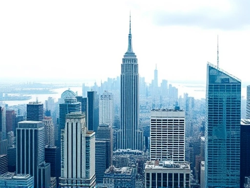 뉴욕의 금융 지구 고층 빌딩이 보이는 탁 트인 스카이라인의 광각 샷은 번영과 경제적 힘을 반영하며, 차가운 색조와 부드러운 빛을 사용하여 자신감과 안정감을 조성합니다.