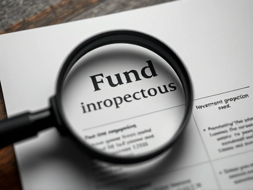 돋보기로 펀드 투자 설명서를 자세히 들여다보는 클로즈업 샷, 분석적인 분위기