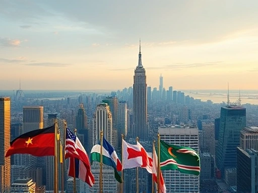 다양한 국기와 도시의 스카이라인이 어우러진 파노라마 뷰, 따뜻한 색감과 부드러운 조명으로 국제적인 투자 기회와 희망찬 분위기