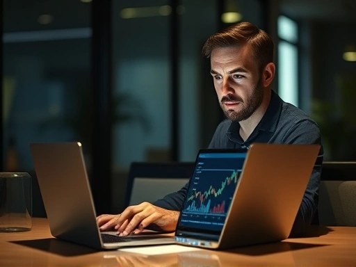 한 남자가 노트북으로 금융 차트를 분석하며, 차분한 사무실 분위기