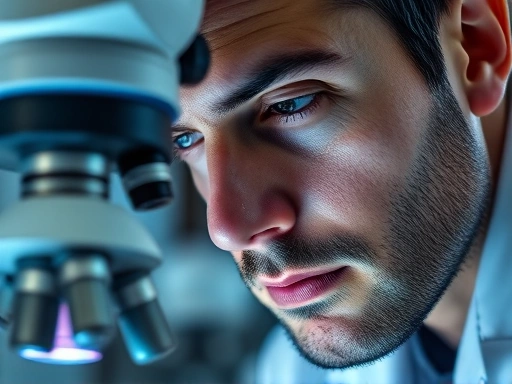 현미경으로 세포를 관찰하는 연구원의 클로즈업, 정밀한 조명과 진지한 표정으로 생명과학 연구의 깊이와 헌신을 강조합니다.