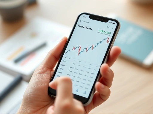 손에 들린 스마트폰에 주식 시장 그래프가 표시된 클로즈업 샷입니다.