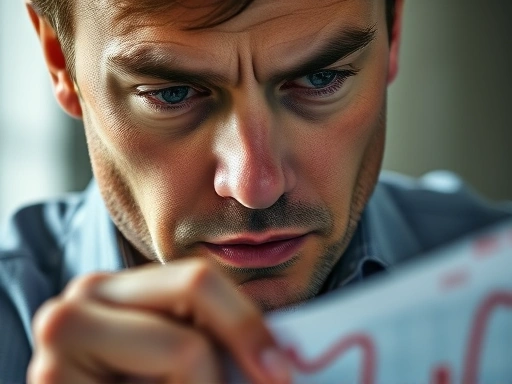 한 투자자가 그래프를 주의 깊게 분석하는 클로즈업 샷.