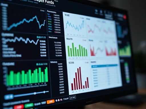 컴퓨터 화면에 다양한 섹터별 펀드 데이터가 표시된 클로즈업 샷으로, 데이터 분석과 투자 전략 수립을 강조하는 이미지