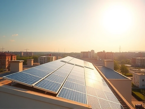 태양광 패널이 설치된 건물 옥상의 넓은 시야를 보여주는 고요한 이미지