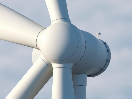 정교한 디테일이 돋보이는 터빈 클로즈업으로, 회전하는 날개는 기술 혁신과 환경 보호의 조화로운 결합을 연상시키며, 깨끗하고 지속 가능한 에너지 솔루션을 강조합니다.