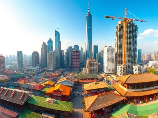 역동적인 도시 풍경이 펼쳐진 신흥국의 파노라마 샷으로, 고층 빌딩과 전통 시장이 조화를 이루며 경제 성장의 활기찬 분위기