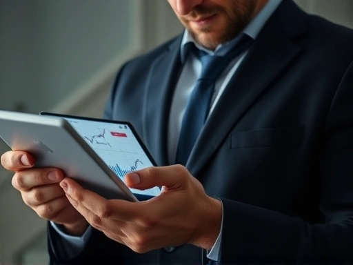 차트와 그래프가 표시된 태블릿을 들고 있는 투자자의 클로즈업 샷으로, 복잡한 금융 데이터를 분석하며 신중하게 투자 결정을 내리는 모습