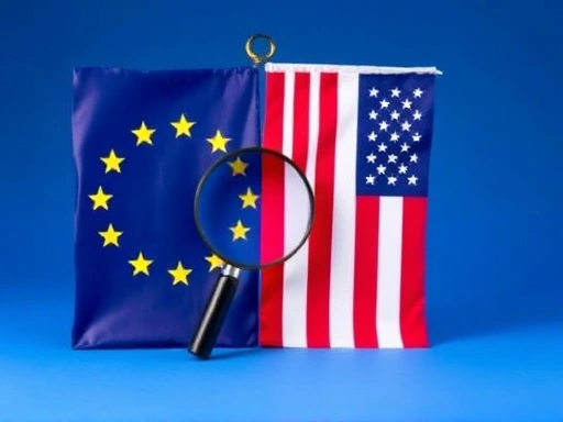 푸른색 배경에 유럽과 미국 국기가 나란히 배치되어 있으며, 두 국기 사이에는 돋보기가 놓여 있어 투자 분석의 분위기