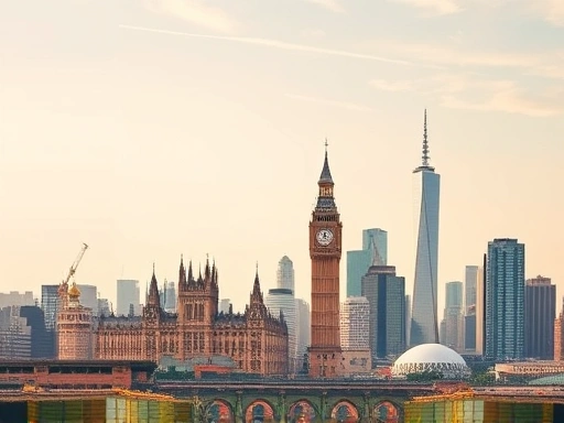 유럽과 미국의 주요 도시 스카이라인이 콜라주 형태로 결합되어 있으며, 각 도시의 랜드마크를 명확하게 보여주고, 따뜻한 색감과 부드러운 조명을 사용하여 긍정적이고 희망찬 투자 분위기