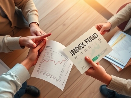 인덱스 펀드 투자 전략을 보여주는 고각도 샷, 다양한 금융 상품을 들고 있는 손이 보이고 따뜻한 색조 조명이 신뢰감을 고취하는 이미지