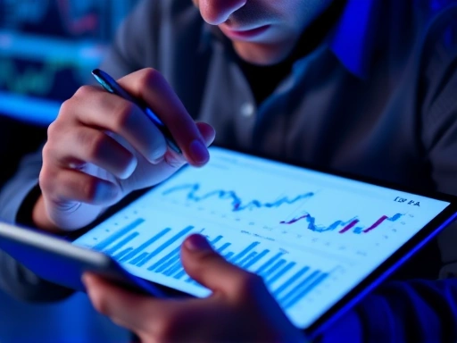 인덱스 펀드 투자자가 그래프를 분석하는 클로즈업 샷, 차트와 통계가 담긴 태블릿 화면이 보이고 푸른 색조 조명이 분석적 분위기