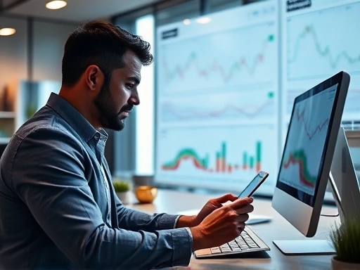현대적인 사무실 공간에서 재무 분석가가 데이터와 차트를 분석하며, 날카로운 조명이 전문적인 분위기