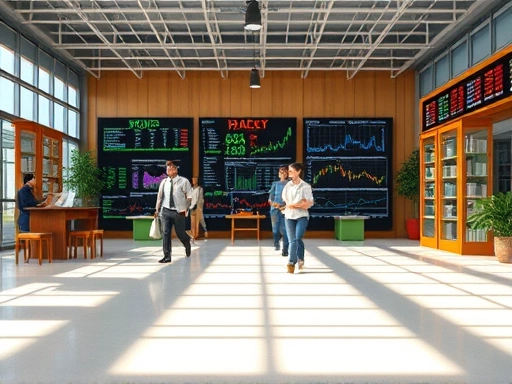 다양한 유형의 자산(채권, 주식)을 강조하고, 밝은 실내 조명과 다양한 색상 팔레트를 사용하여 펀드의 다양한 투자 옵션을 시각적으로 설명하는 첫 번째 이미지