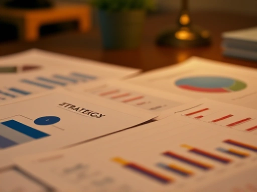 투자 전략을 나타내는 차트와 그래프가 있는 테이블의 클로즈업 샷으로, 따뜻한 조명으로 분석적인 분위기