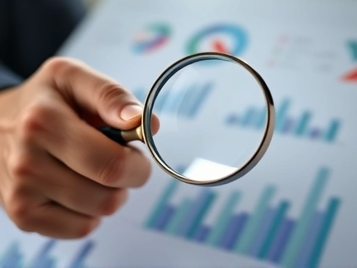 돋보기로 포트폴리오를 분석하는 투자자의 손 클로즈업, 금융 데이터와 그래프가 배경으로 흐릿하게 나타나 전문적인 투자 분석 분위기