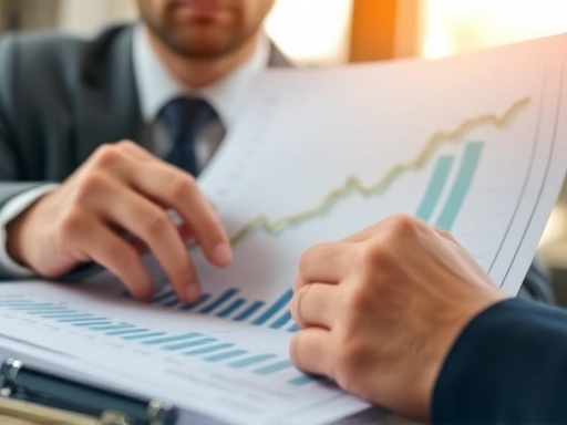 한 투자자가 차트를 주의 깊게 보며 펀드 투자 분석, 깊이와 집중을 강조하는 클로즈업, 따뜻한 조명과 차분한 색상 팔레트로 신중한 분위기