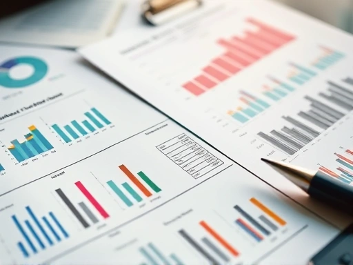 다양한 통계와 분석 그래프가 담긴 투자 보고서, 세부 사항에 초점을 맞춘 클로즈업, 전문성과 분석적 분위기