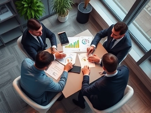 밝은 색상의 그래프와 차트가 있는 사무실에서 펀드 투자 전략을 논의하는 사업가들의 고각도 샷은 협업적이고 분석적인 분위기