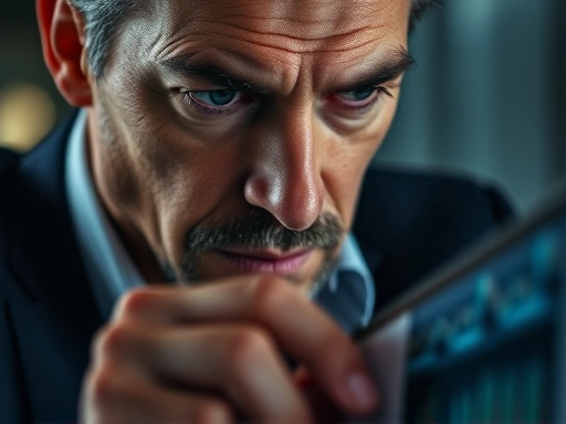 심각한 표정으로 그래프를 분석하는 투자자 클로즈업, 미묘한 대비를 통해 감정적 공감대를 형성하고 투자 분석의 중요성을 강조합니다.