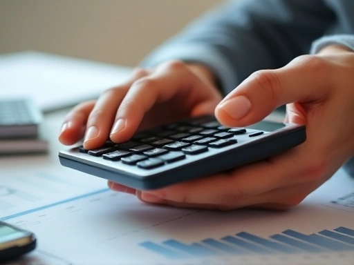 펀드 투자에서 비용 관리를 강조하는 클로즈업 사진으로, 손이 계산기를 사용하여 금융 데이터를 분석하고 있습니다.