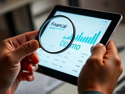 {돋보기로 금융 데이터가 표시된 태블릿을 확대하여 분석하는 손의 클로즈업, 금융적 맥락을 강조하는 집중된 조명과 함께 재정적 검토 및 정확성의 상징적 요소를 강조}