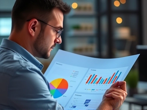{다양한 색상의 그래프와 차트가 있는 비즈니스 및 금융 보고서를 들여다보는 남성의 모습