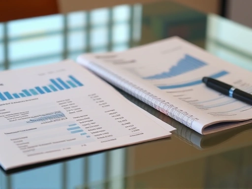 테이블 위에 놓인 재무 보고서, 차분한 파스텔톤 색상 팔레트와 부드러운 간접 조명을 사용하여 안정감과 신뢰성을 표현합니다.