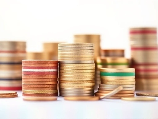 다양한 색상의 동전 더미가 금전적 이익과 투자 잠재력을 상징하는 밝고 다채로운 스타일로 배열된 이미지