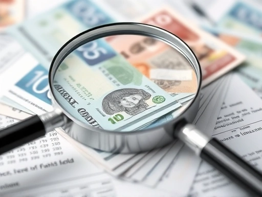 지폐 더미 위에 겹쳐진 돋보기 클로즈업은 재정적 거래와 투자를 면밀히 조사하고 분석하는 것을 강조합니다.