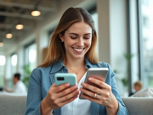 한 여성이 스마트폰으로 펀드 정보를 확인하며 미소짓고 있습니다.