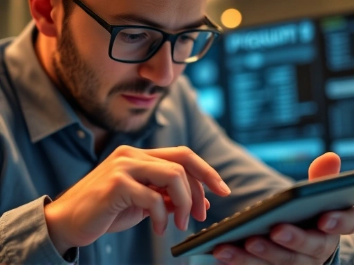 펀드 투자자가 계산기를 사용하여 수익률을 분석하는 모습