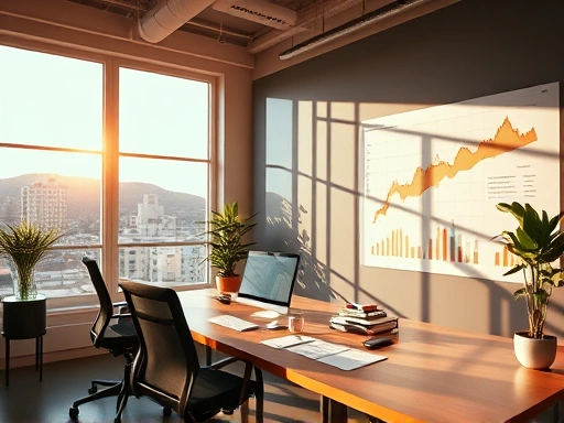 {밝은 햇살이 비추는 투자 차트와 그래프가 있는 세련된 사무실 공간을 보여주는 펀드 수익률 분석 및 해석을 위한 상세 튜토리얼을 캡처한 고품질 시각적 스토리텔링 이미지