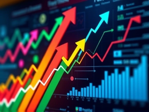 다양한 색상의 화살표와 차트가 복잡하게 얽혀 있는 펀드 투자 분석 시각화, 전략적 조명과 깊이 있는 색상으로 금융적 통찰력과 분석적 분위기