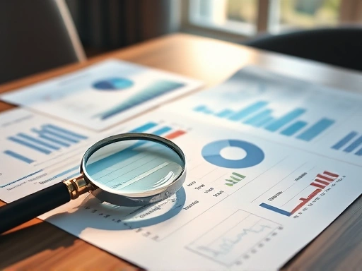 펀드 보고서 분석을 위해 테이블 위에 펼쳐진 돋보기, 차트와 그래프, 분석적인 분위기