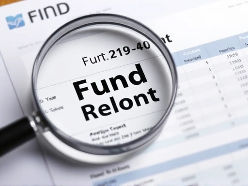 클로즈업된 돋보기로 강조된 펀드 보고서, 상세한 분석 및 금융 계획을 상징하며, 톤온톤 색상과 부드러운 조명으로 의사 결정의 신중함을 나타내는 이미지