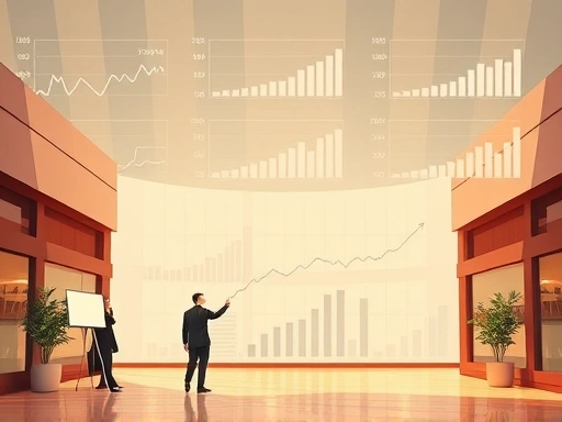 다양한 펀드 차트와 그래프가 있는 넓은 배경, 전문적인 금융 환경을 조성하는 은은한 조명과 따뜻한 색상 팔레트가 특징인 주요 장면