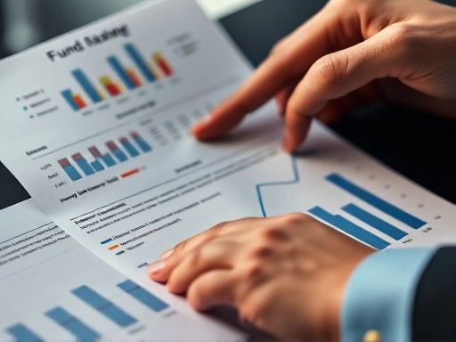 펀드 데이터를 자세히 보여주는 상징적 요소, 촬영 스타일과 조명이 감정적 맥락을 강조하는 펀드 매니저의 손과 그래프 클로즈업 설명