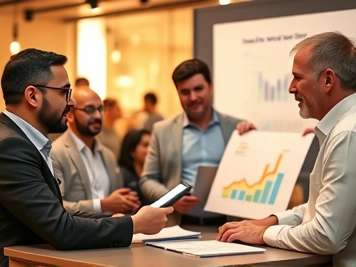 다양한 투자자들이 펀드 투자 경험을 공유하며, 그래프와 차트를 보면서 토론하는 장면