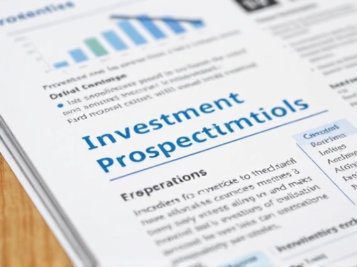 투자설명서의 주요 부분 클로즈업, 핵심 내용 강조, 차분한 색상과 정밀한 촬영으로 정보의 중요성을 강조합니다.